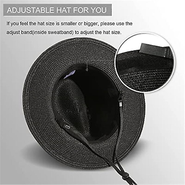 Kvinnors Bredbrättad Halm Panama Rullbar Hatt Bältespänne Fedora Strand Solhatt Upf50+ BLACK