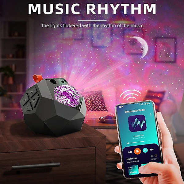 Stjerneprojektor nattlys med led-lys, nordlys og musikk, plug-in