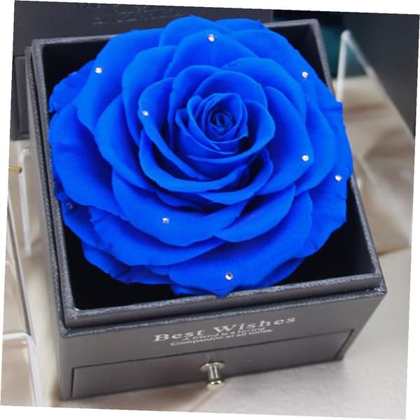 Evig blomstersmyckeskrin med bevarad blå ros och strass