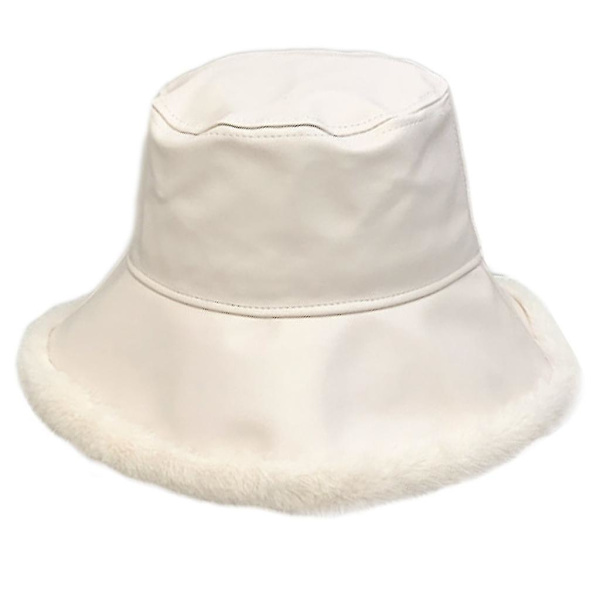 Koreansk version PU-läder plysch fiskarehatt All-match hinkhatt Bred brätte Off-white