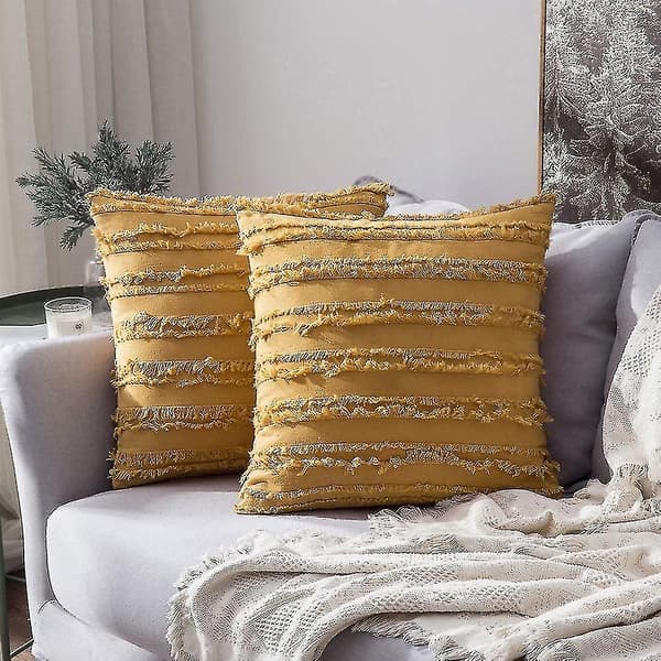 Sæt af 2 Dekorative Boho Pudebetræk Linned Stribet Jacquard Mønster Pudebetræk til Sofa
