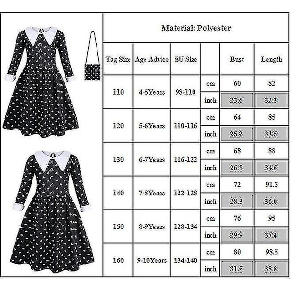Wednesday Addams Pigekostume til Piger med Tilbehør - Fancy Up 8-9 Years Dress and Bag