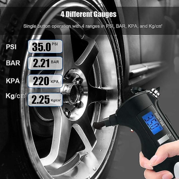 5-i-1 digital dæktryksmåler, 150psi med multifunktionelle redningsværktøjer af led lommelygte