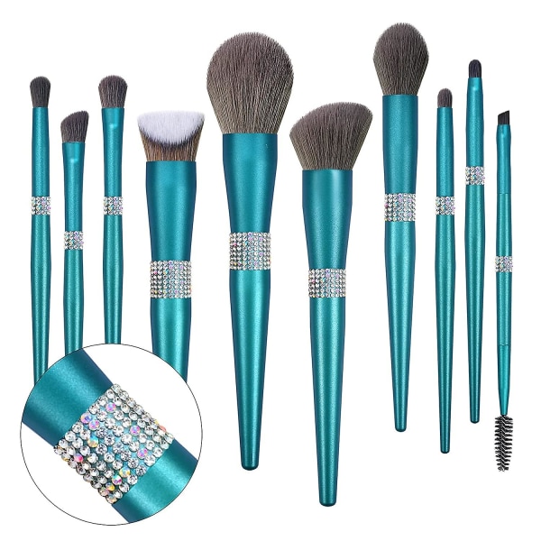 Glitter Makeup Borstar Set -10st Kosmetiska borstar Bling Crystal Turkos Makeup Borstar Set