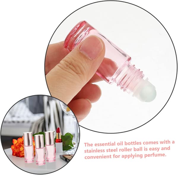 Glasrullflaskor för eteriska oljor och parfym 6 st 5 ml rosa påfyllningsbara reserullflaskor