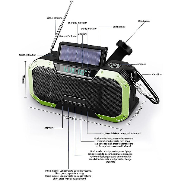 AM/FM-hätäradio, aurinkovoimalla toimiva käsikäyttöinen radio LED-taskulampulla, Powerk-puhelimen laturi, Bluetooth 5.0 -kaiutin Red