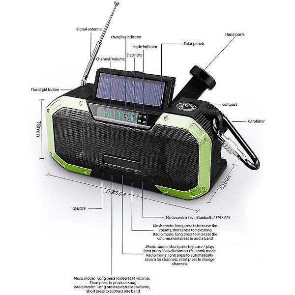 Nødradio med solcelle og håndsveiv, AM/FM, LED-lommelykt, Powerbank-telefonlader, Bluetooth 5.0-høyttaler Red