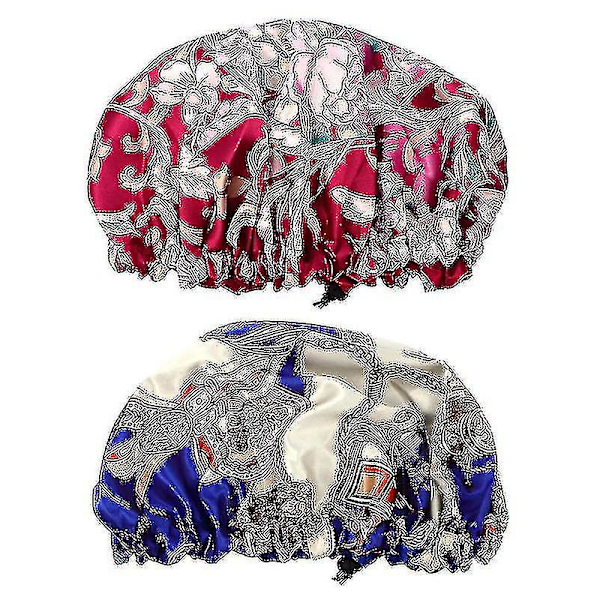 2pcs Double-layer Lace Satin Sleeping Hat Night With Adjustable Buckle For Women (1pc Sapphire, 1pc Claret-red)-mxbc