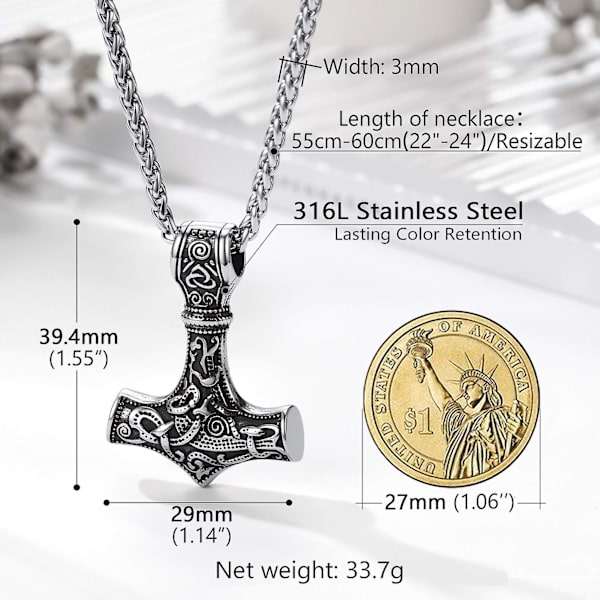 Mænd Amulet Halskæde - Thors Hammer Vedhæng Med Kæde, 55+5cm Justerbar, Smykker - Rustfrit Stål