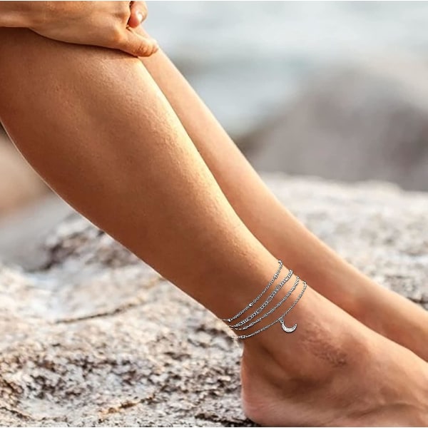 Sølv ankelarmbånd til kvinder, flerlags Boho barfodet ankel, justerbar foddekoration, elsker fodsmykker strandgave