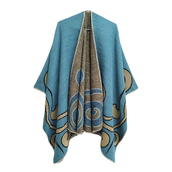 Dame Poncho Sjal Vendbar Oversized Poncho Kappe Trykt Tæppe Sjal Cardigan Malachite green