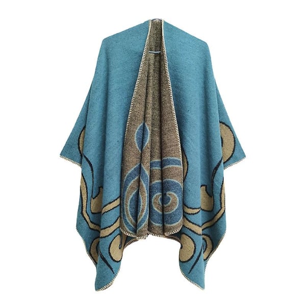Dameponcho Sjal Reversibel Oversized Poncho Kappe Trykt Teppe Sjal Cardigan Malachite green