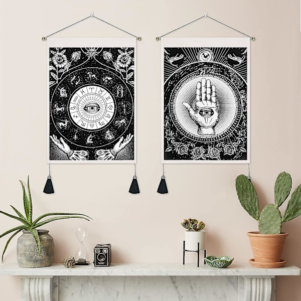 Fatima-handens Väggbonader med fransar, Svart Onda Ögat Väggbonader, Astrologi Zodiac Konstellationer Väggkonst för Sovrum Vardagsrum, 35x50