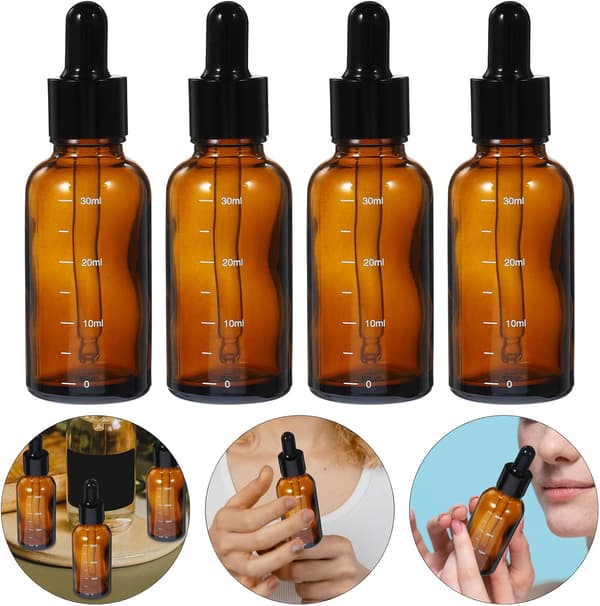 Glassdråpeflasker med ravfarge for eteriske oljer, 30 ml med graderingsmerker