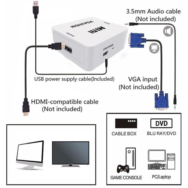 Mini VGA til HDMI Converter Box Audio Adapter 1080P