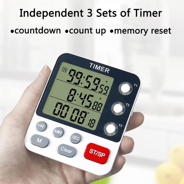 Digital Dobbelt Køkken Timer, 3 Kanaler Tæl Op/Ned Timer, Koge Timer, Stor Skærm, Høj Lydstyrke A-yuhao