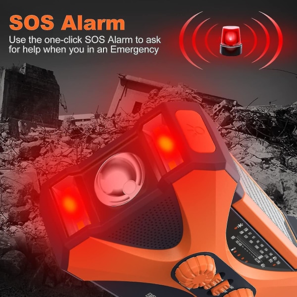 10000mAh Nödradio, Solcellsvevradio, Bärbar AM/FM/NOAA Väderradio med Telefonladdare, Ficklampa, SOS-Alarm Orange