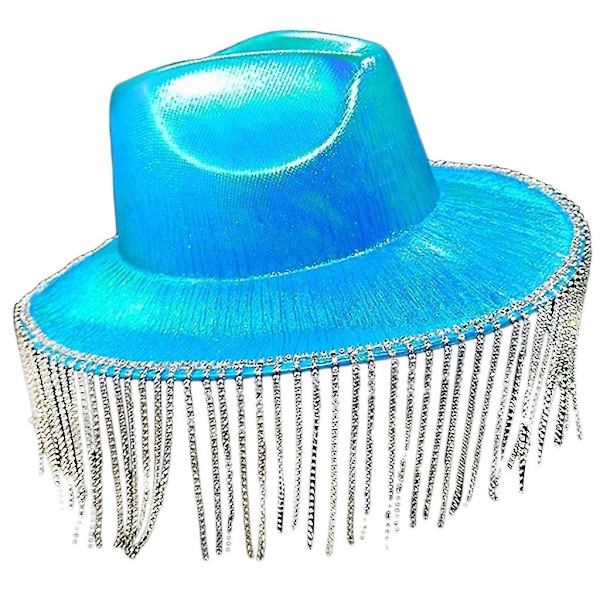 Space Cowgirl Hat Holografisk Rave Cowgirl Hat Med Rhinestones Frynser Blue