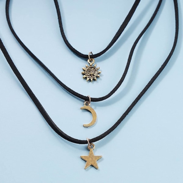 Sort lagdelt Star Moon Choker halskæde guld Sun Pendant halskæde Vintage ruskind gave