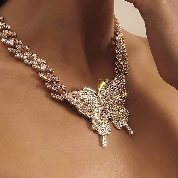 Tyk Krystal Choker Halskæde Butterfly Vedhæng Halskæder Cuban Link Kæde Glitrende Rhinesten Smykke