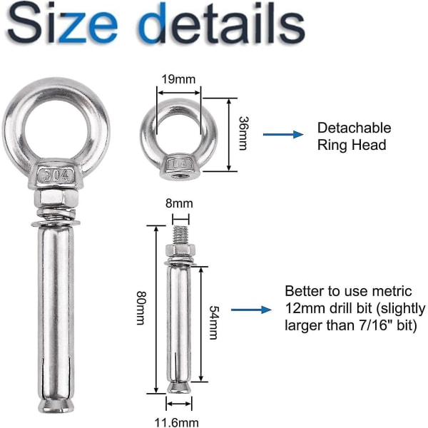 Ekspansjonsbolt, 304 rustfritt stål ringanker øyebolt ekspansjonsskrue