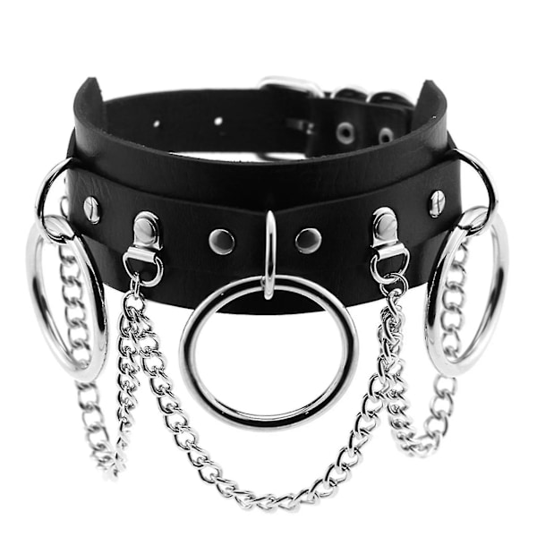 Leather Choker Metal Ring Chain Necklace, Adjustable Punk Collar Chain -n204