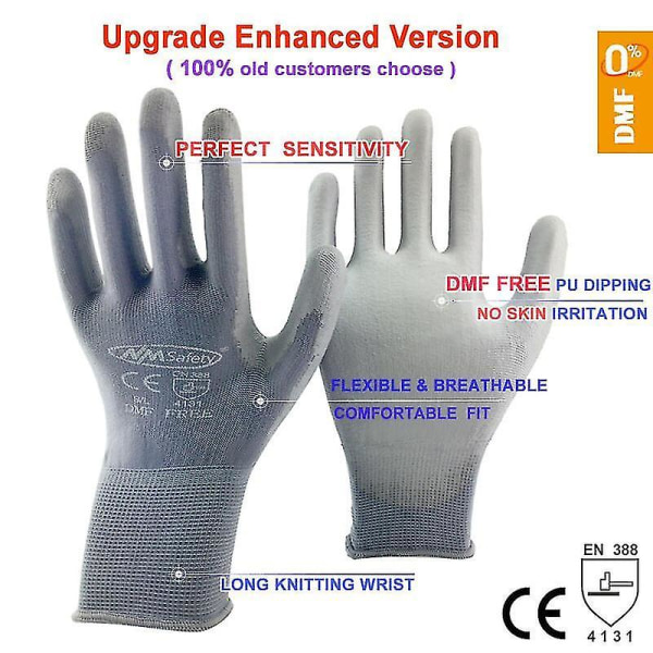 12 Par Arbetshandskar Svart PU Nylon Bomull