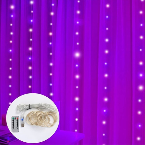 LED Gardinlysstreng 3x3m 300 LED 8 Moduser USB Fjernkontroll