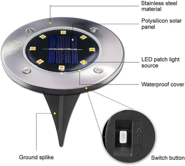 Solcellegresslys, 4 Runde Solcellelamper, Hage, Plen, Sti, Underjordisk, Nedgravd Lampe