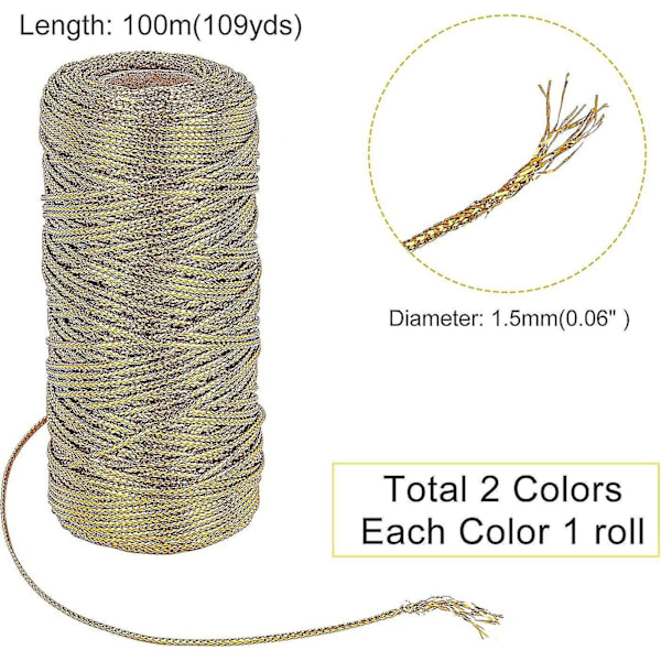 218 Yards 1,5 mm Guld Sølv Metallic Tråd Snøre Glansgarn