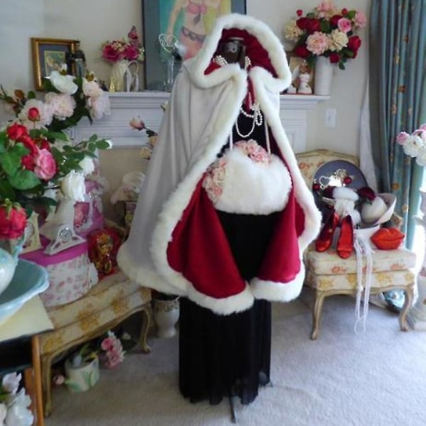 Vuxen Barn Cosplay Jultomte Sammetskappa Kapp Vit