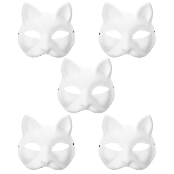 5 stk Blanke Kattemasker Børnehave Kostume Cosplay Maske Umalet Kattemasker