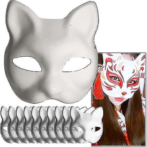 White Paper Mask Cat Face - 10 stykker, Pulp Blank håndmalet maske, personligt design, velegnet til Halloween Fancy Dress Cosplay