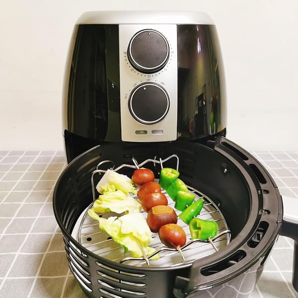 Dobbeltlags grillrist i rustfrit stål med 3 spyd tilbehørshylde til airfryer