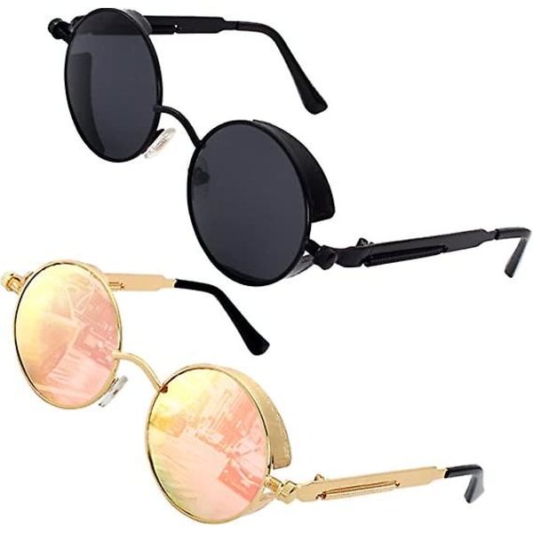 Retro Round Circle Polarized Steampunk Solglasögon Herr Dam Uv400 skydd Black and golden