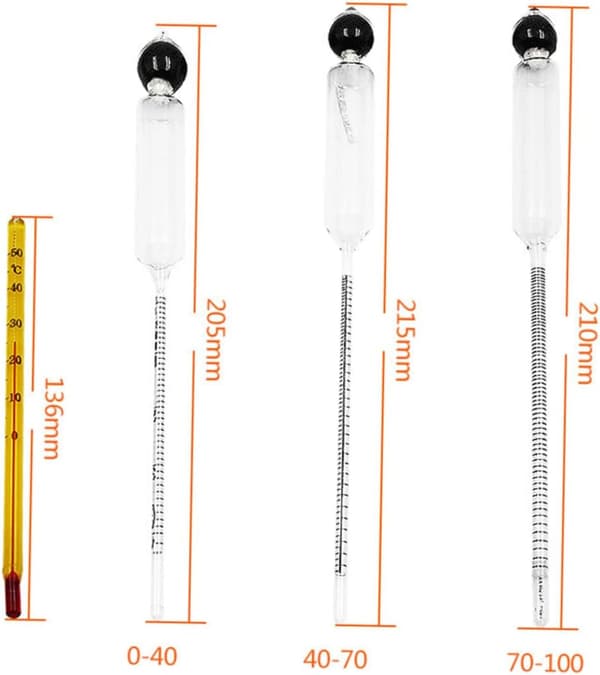 4 stk. alkoholtester kombination hydrometer termometer og konverteringstabel