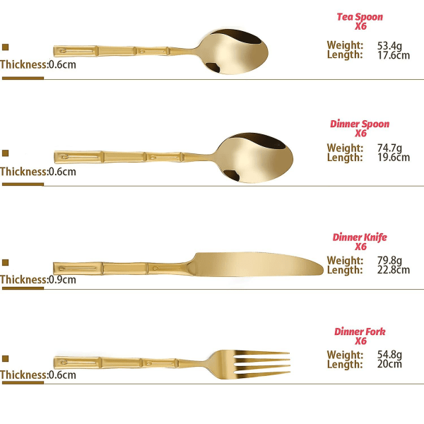 Bestikksett 24 deler Rustfritt Stål Gull Sølvbestikksett Service for 6, gafler skjeer kniver for hjemmet