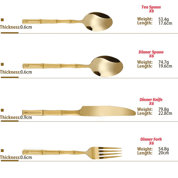 Bestikksett 24-delers rustfritt stål Gull Sølvtøysett Service For 6,gafler Skjeer Kniver til hjemmet