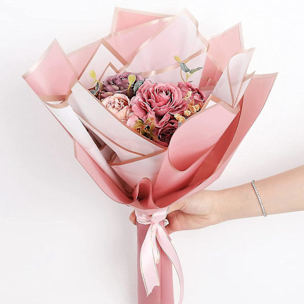 60 Blomsterindpakningspapir Rosa Sort Hvid Vandafvisende Blomsterbuket Indpakningspapir Med Gylden Kant