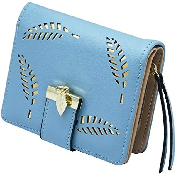 Dame Kort Tegnebog Hul Blad Mønster To-fold Læder Dame Kort Tegnebog Pung Lynlås Håndtaske Knap Clutch Taske (blå)