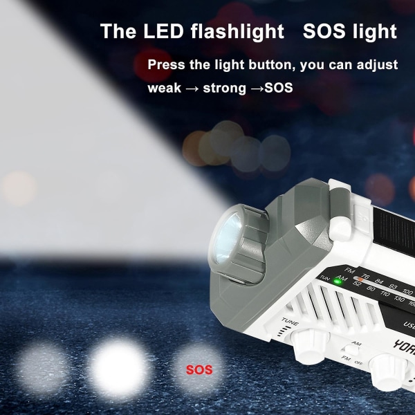 Nödradio AM/FM/NOAA, Handvev Batteridriven Solradio med LED-ficklampa, SOS-larm White