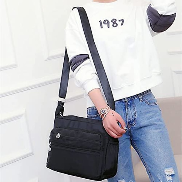 Kvinders Skuldertaske Letvægts Crossbody Taske Lille Dame Tote Nylon Satchel Punge Sort