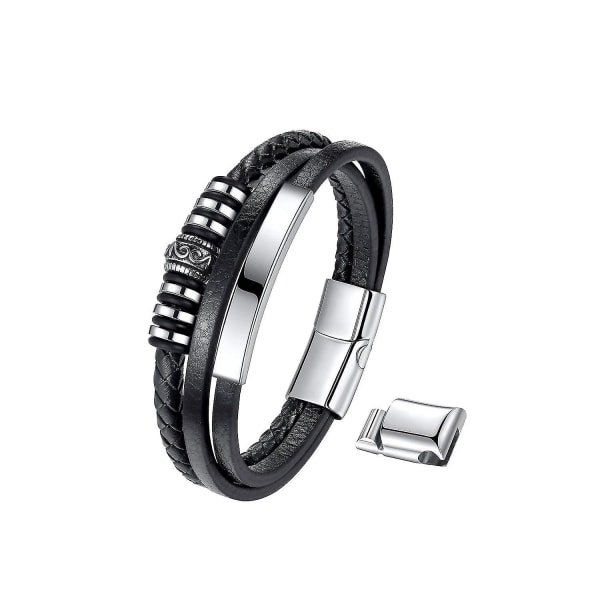 Läderarmband för män Svart Handgjorda Armband med Magnetisk Rostfritt Stålspänne Med