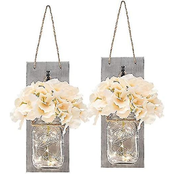Mason Jar Lampe Vintage LED Lysstreng Vægslampe Kunstig Blomst