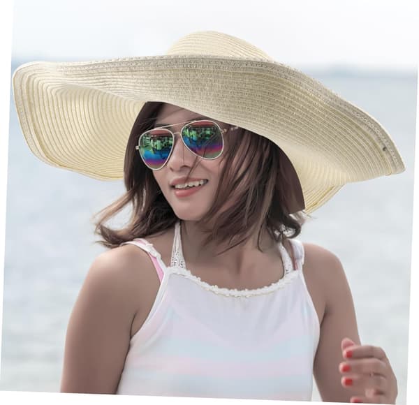 Bredbremmet stråhatt Solbeskyttelseshatt for kvinner Flat brem Lett sommerhodeplagg Beige
