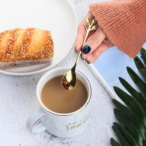 Små Kaffeskeer Søde Guldbladsformede Mini Rustfrit Stål Espresso Skeer Til Dessert Teskeer Rør Blandningsske (gylden) (6 stk)