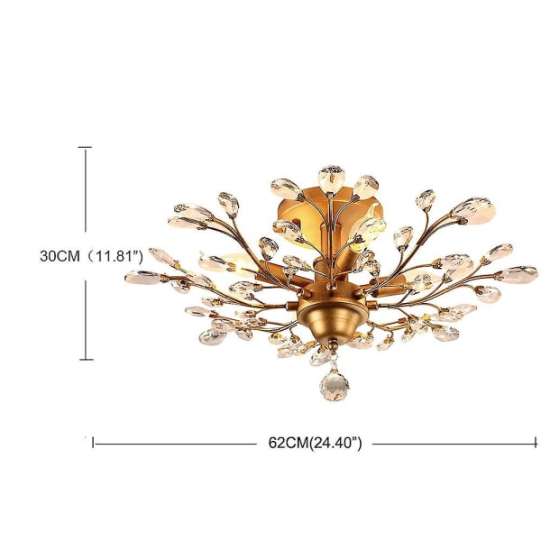 62cm Lysekrone Klynge Taklampe Led Flush Metall Antikk Messing