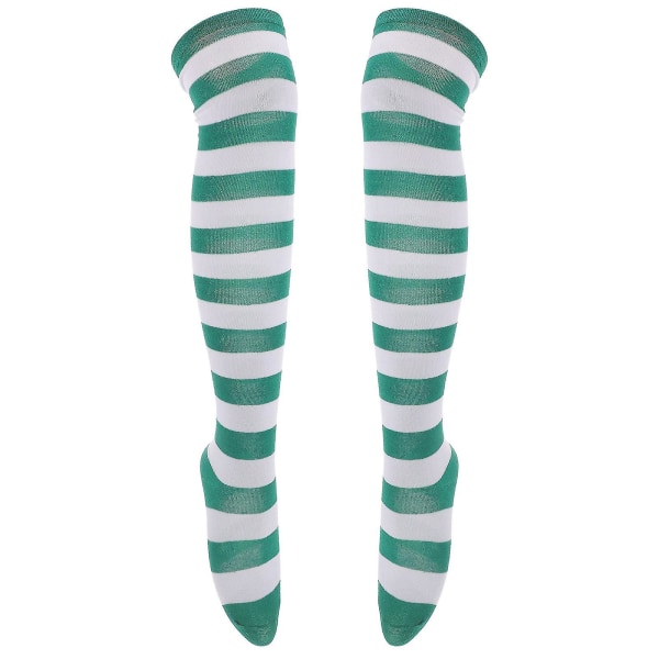 Et par grønne og hvite brede stripete lår, høyt over kneet strømpesokker (grønn hvit)