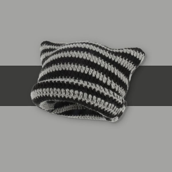 Strik manchet Beanie Cap Hat Letvægts blød uld Katteører Stil til koldt vejr Bærer hovedvarmer-yuhao Black  and  Grey