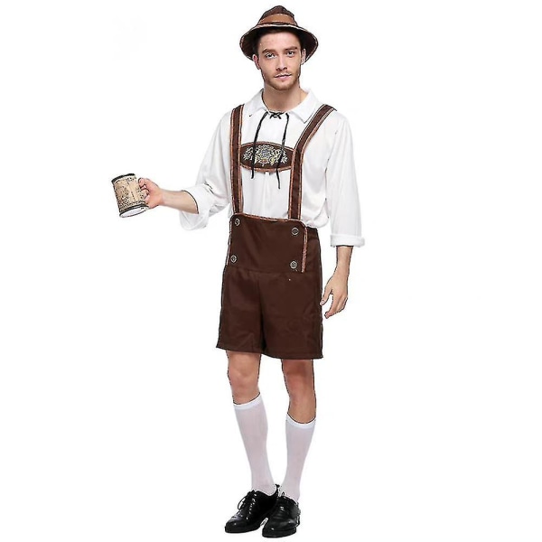 Tysk Oktoberfest ølkostume Bayersk Lederhosen Skjortehattesæt Mænd Voksne Guy Festival Outfits M